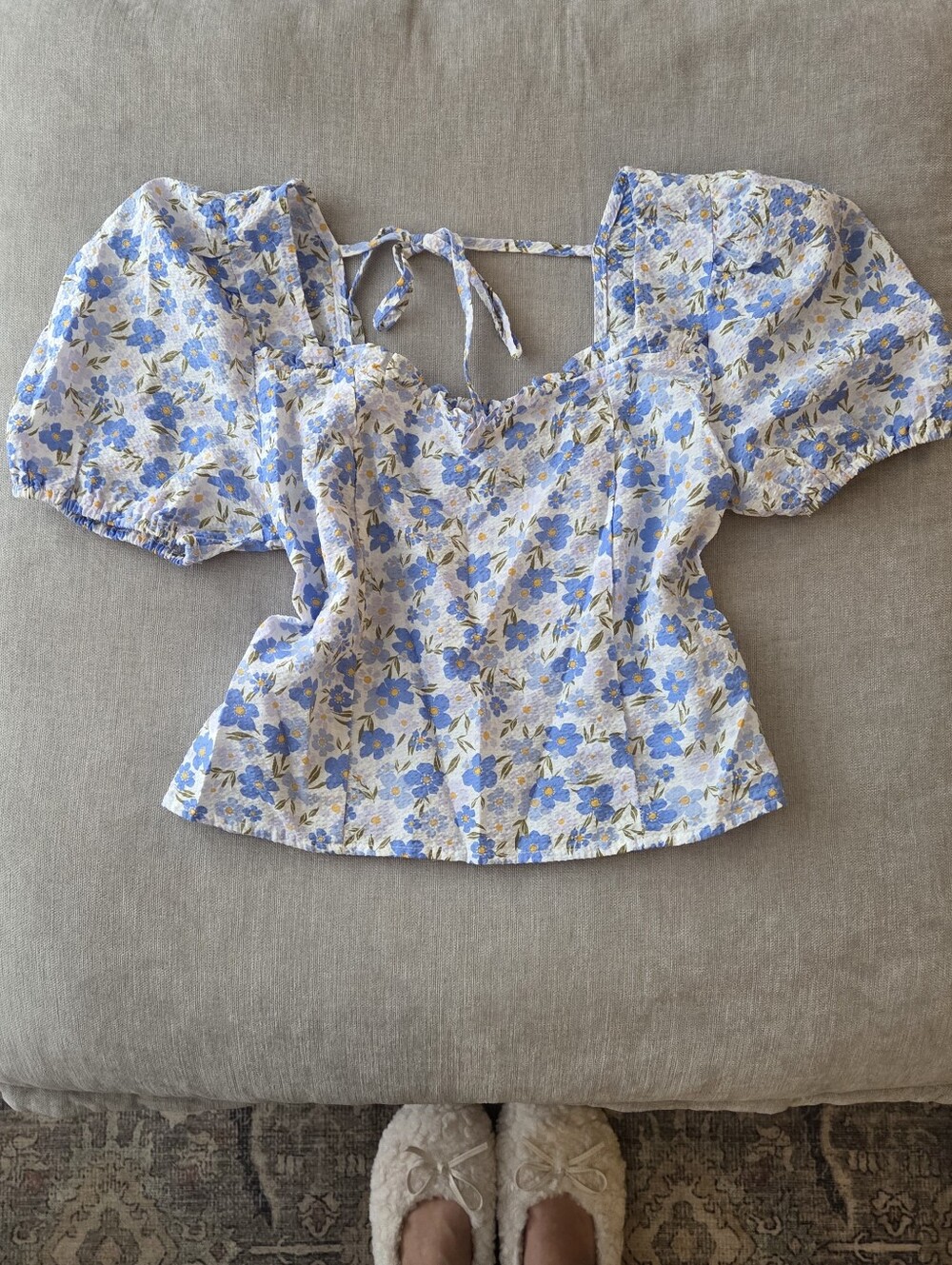 Blu Pepper 100% Cotton Blue Floral Puff Tie Sleeve Top